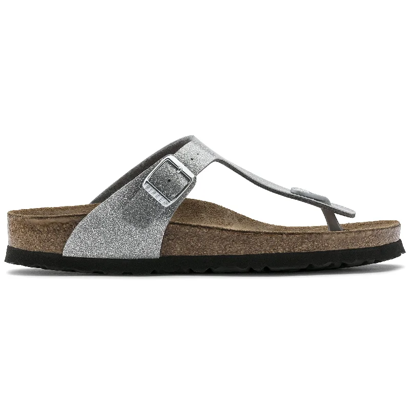 chic sandals near cafes-Birkenstock Gizeh Birko-Flor Silver R 43851