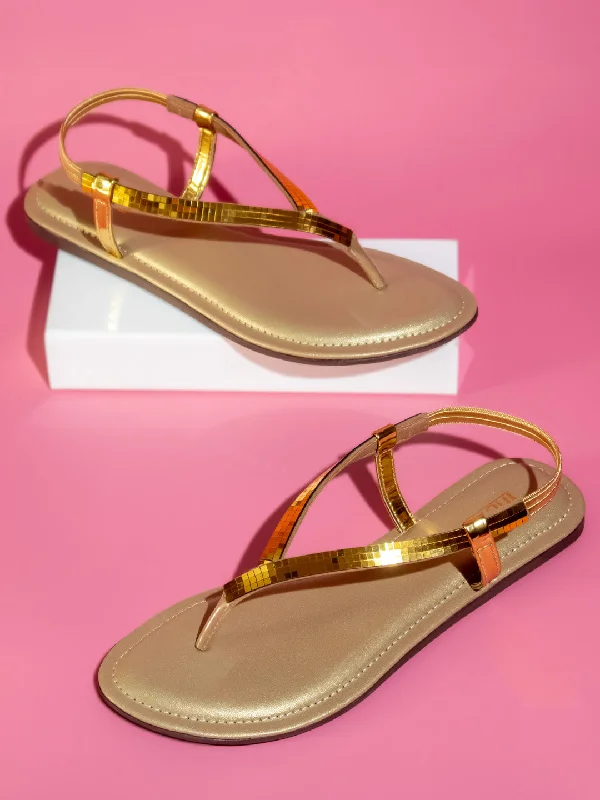 flats near local markets-Women Gold Embellished Open Toe Flats