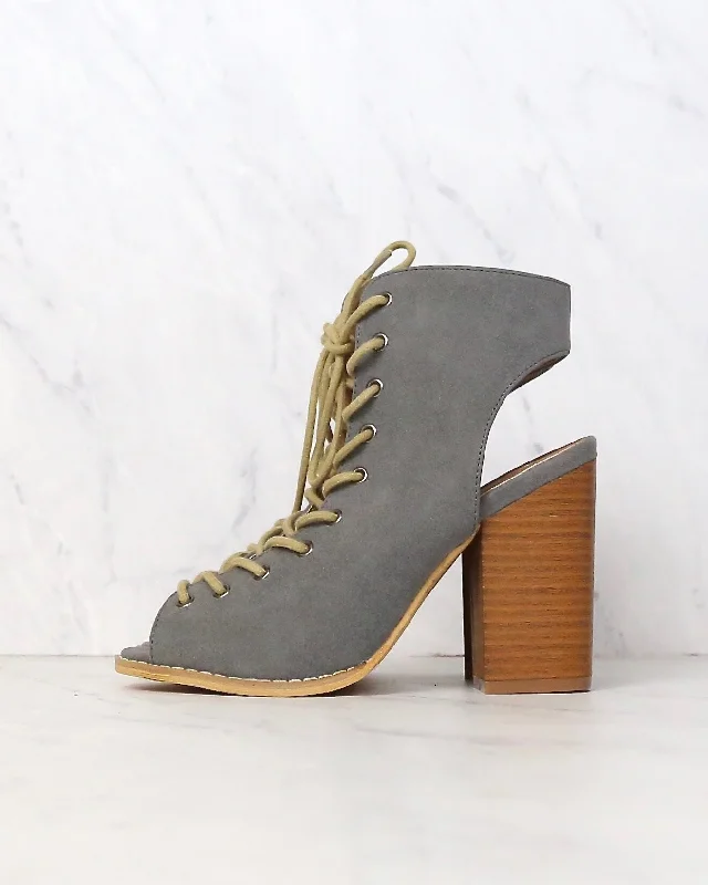 crystal party high heels-Final Sale - Minimalist Lace Up Peep Toe Heel in Grey