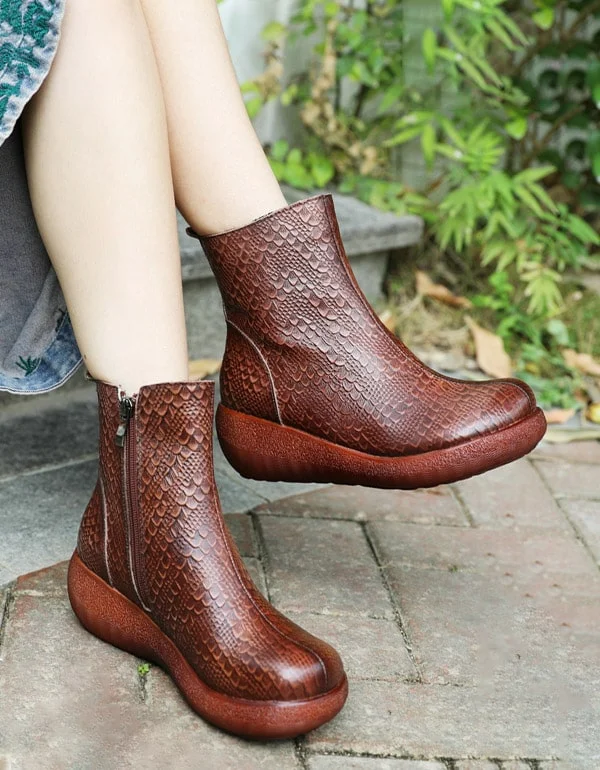 Boots for snowy glide-Autumn Retro Leather Snakeskin Pattern Wedge Boots