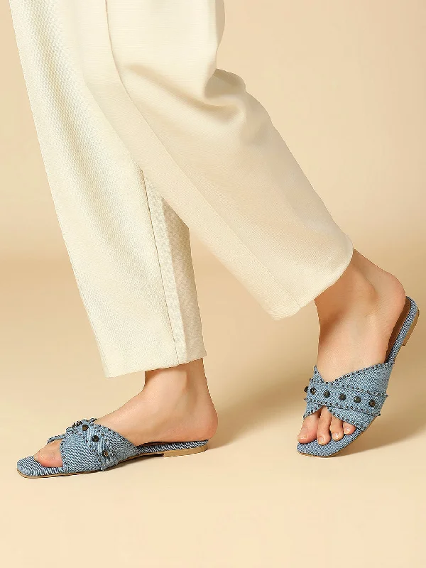 cozy flats for couples-Women Blue Denim Open Toe Flats With Buckle