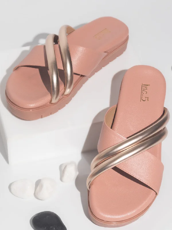 stylish flats for couples-Women Peach & Gold Open Toe Flats