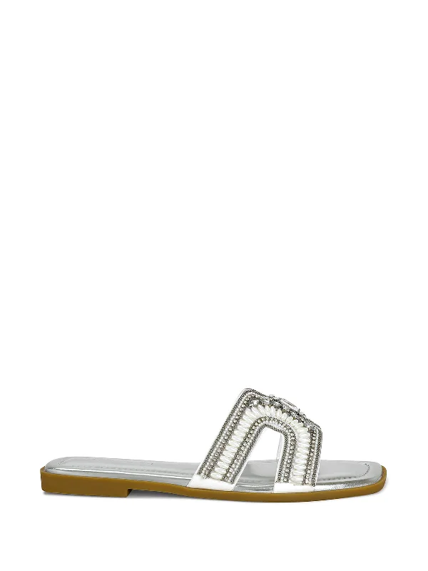 sandals with metallic shine-MADIHA-SILVER FLAT SANDAL