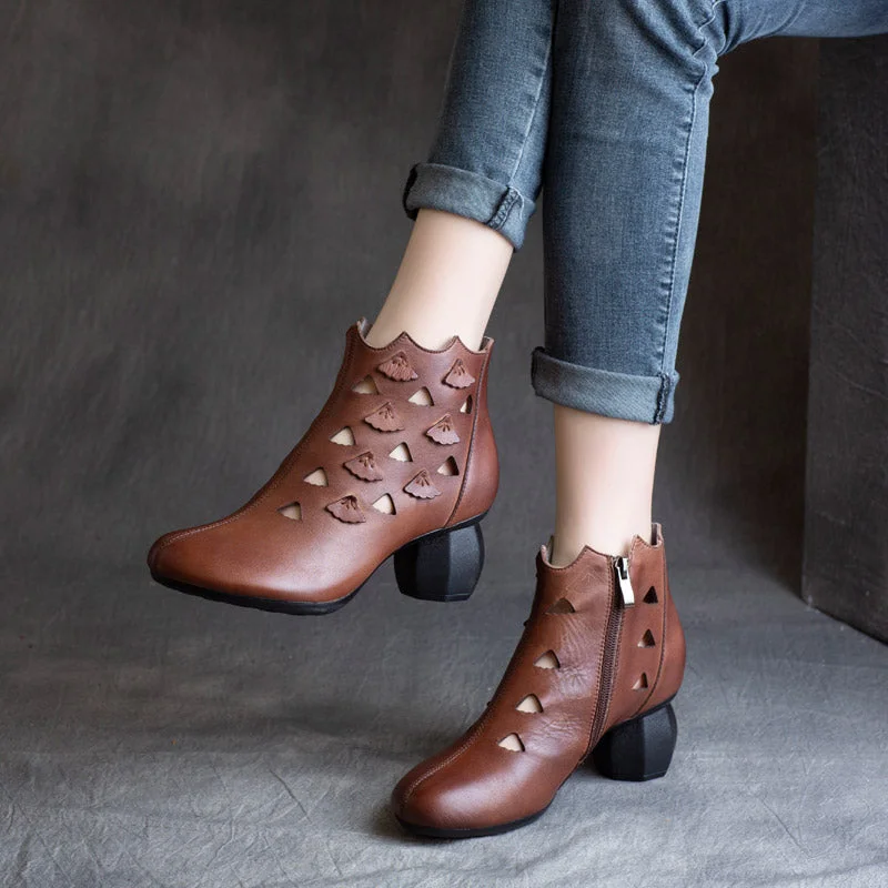 Boots for winter drift-Spring Retro Leather Hollow Women Chunky Boots