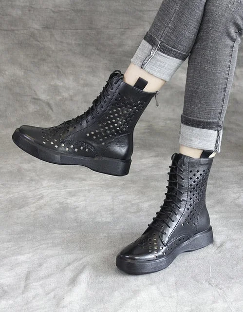 Boots with sleek float-Lace Up Hollow Leather Summer Boots Black