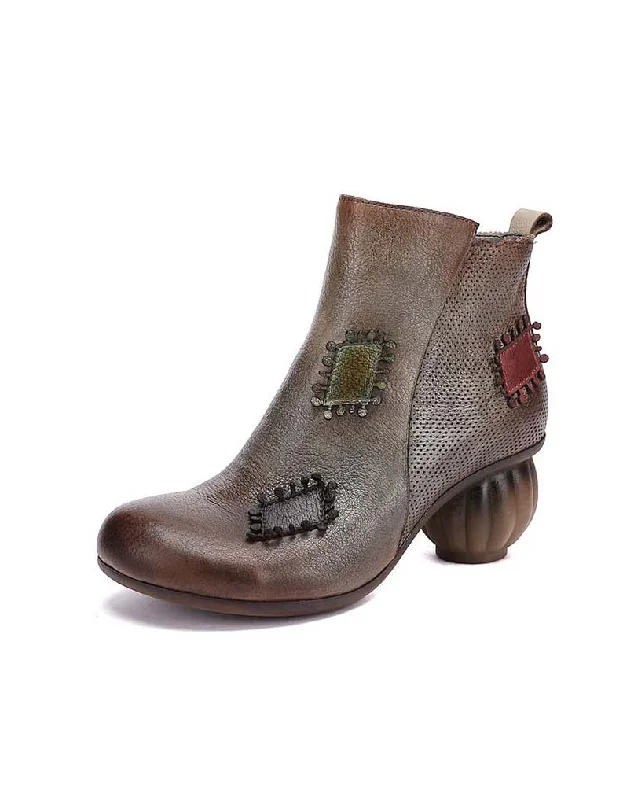 Boots with rugged float-Leather Patch Retro Round Head Chunky Boots