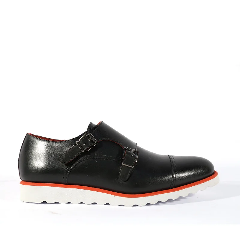 Loafers for effortless style-Ambrogio Men's Shoes Black Calf-Skin Leather Double Monk-Straps Loafers(AMB2519)