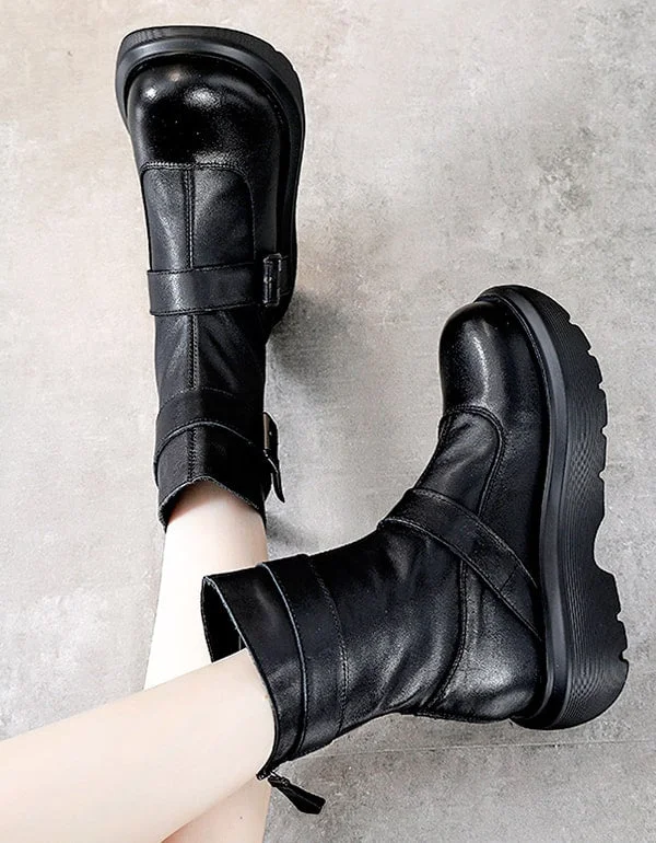 Boots with breathable lining-Retro Leather Thick Heel Mid-tube Buckle Black Boots