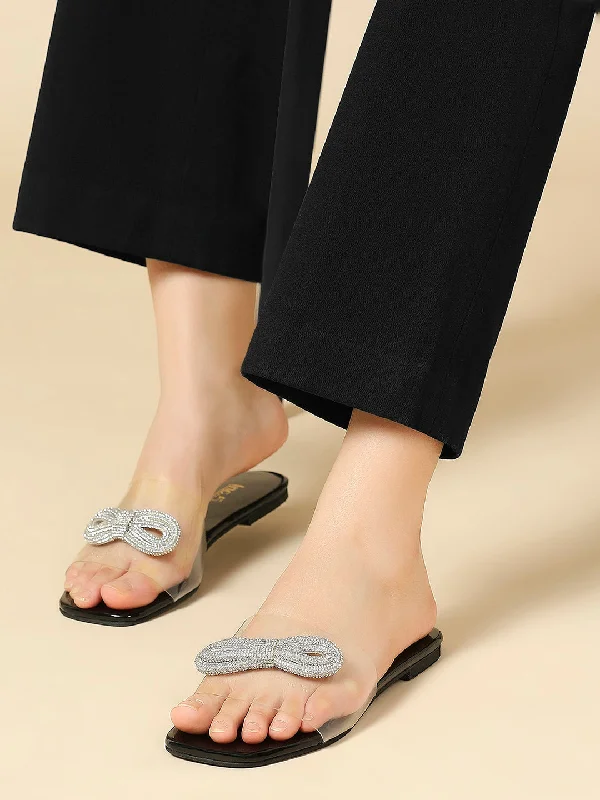 best flats for travel-Women Black And Silver-Toned Transparent Open Toe Flats