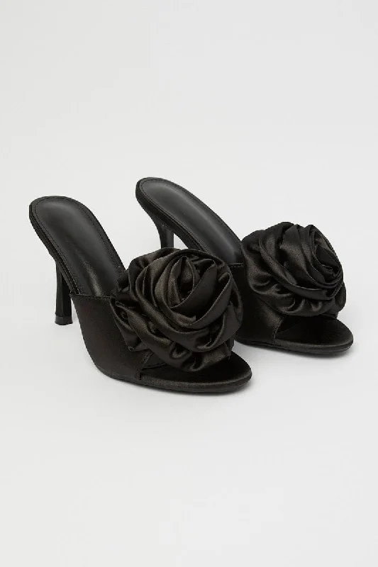 sleek black high heels-Black Heels Rosette 3D Rose Heeled Mules