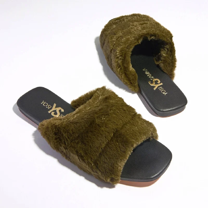 panda kids’ slippers-Nora Slipper in Olive Faux Fur