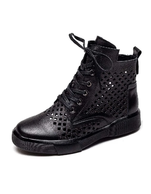 Boots with supportive breeze-Lace-up Hollow Spring Retro Leather Boots