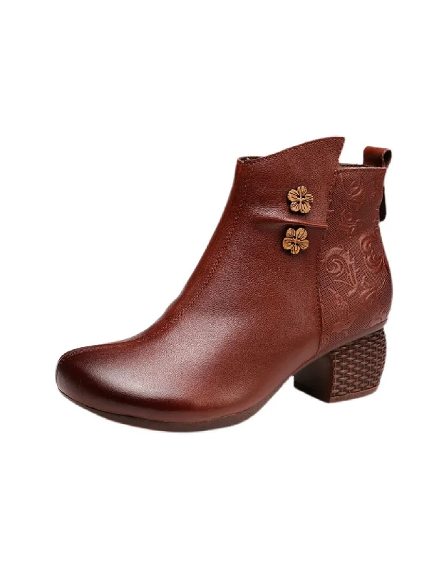 Boots with breathable zap-Irregular Embossed Retro Chunky Heel Boots