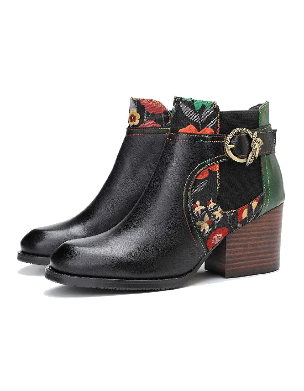 Boots with lightweight breeze-Hand-painted Leather Side Buckle Floral Chelsea Boots