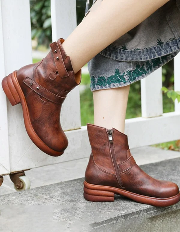 Boots for heavy duty-Retro Leather Women's Cowboy Short Boots