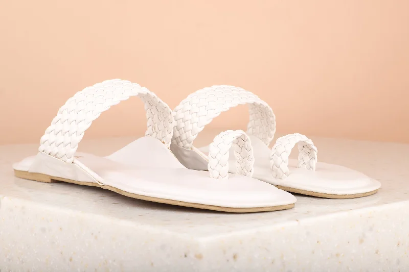 flats for small families-Women White Textured One Toe Flats