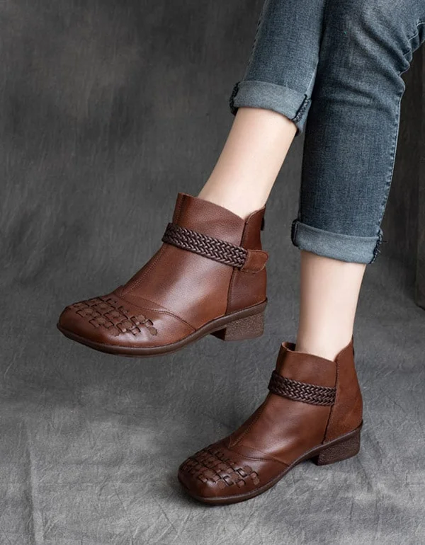 Boots with durable soar-Autumn Handmade Woven Thick Heel Short Boots