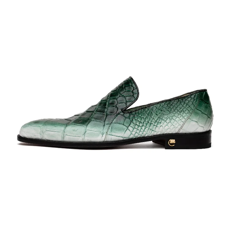 Loafers for short getaways-Mauri Montecarlo 1044-3 Men's Shoes White & Brilliant Green Full Body Alligator Slip-On Loafers (MA5597)