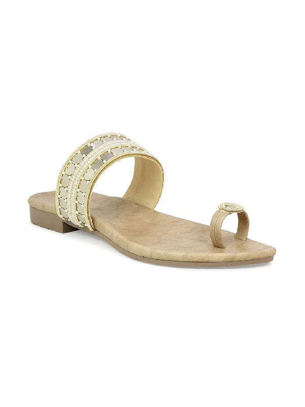 affordable flats for artists-Women Beige Embellished One Toe Flats