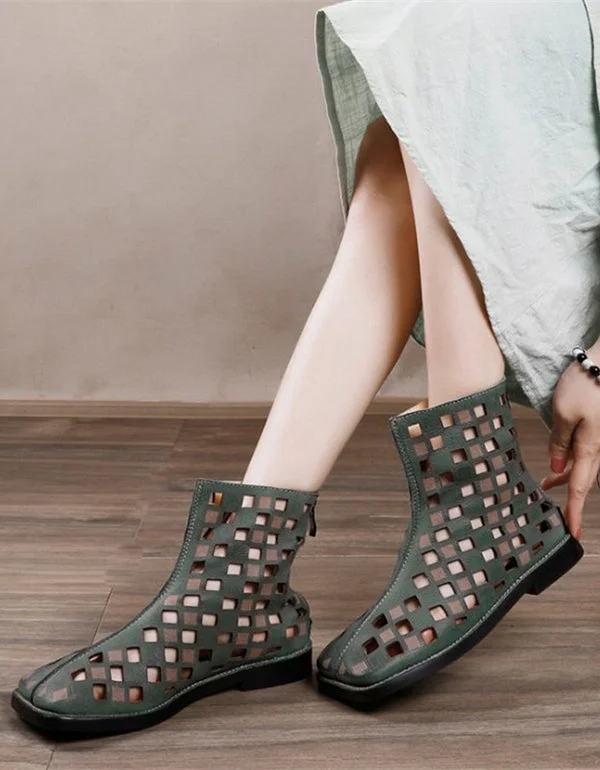 Boots for casual wear-Square Head Handmade Hollow Green Summer Boots