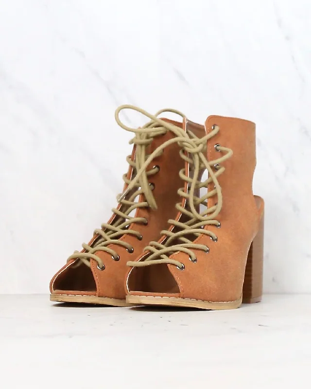 trendy ankle-strap high heels-Minimalist Lace Up Peep Toe Heel in Camel