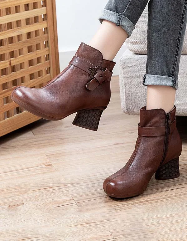 Boots for cold buzz-Handmade Retro Leather Ankle Strap Chunky Boots