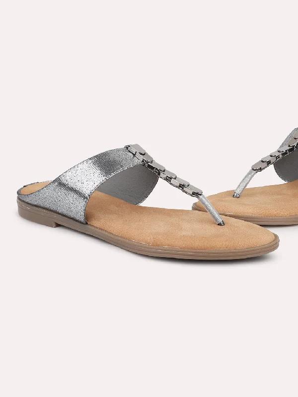 luxury flats for sale-Women Pewter Embellished Open Toe Flats