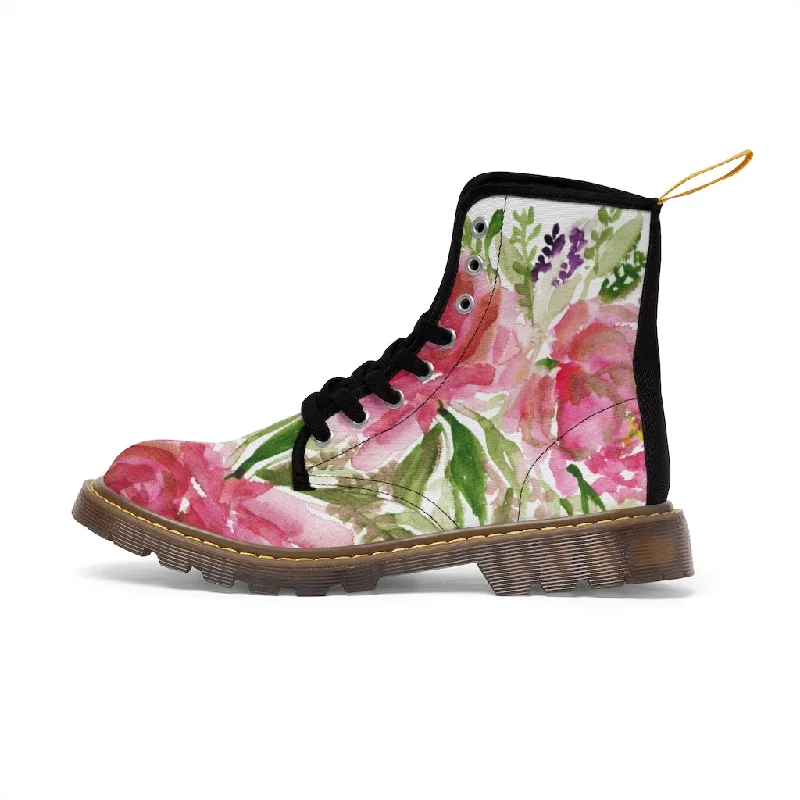 Boots with lightweight boost-Rose Floral Print Women's Boots, Watercolor Rose Flower Printed Ladies' Combat Hiking Boots