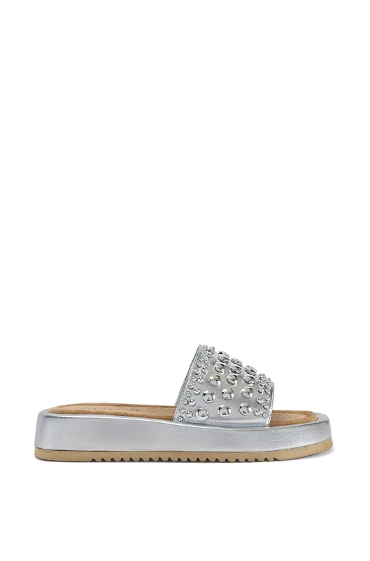 sandals for short trips-ESPINOSA-SILVER WESTERN STUDDED FLAT SANDAL