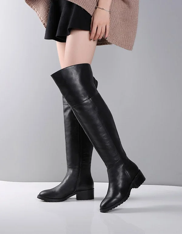 Boots with lightweight feel-Genuine Leather Elegant Black Knee High Boots