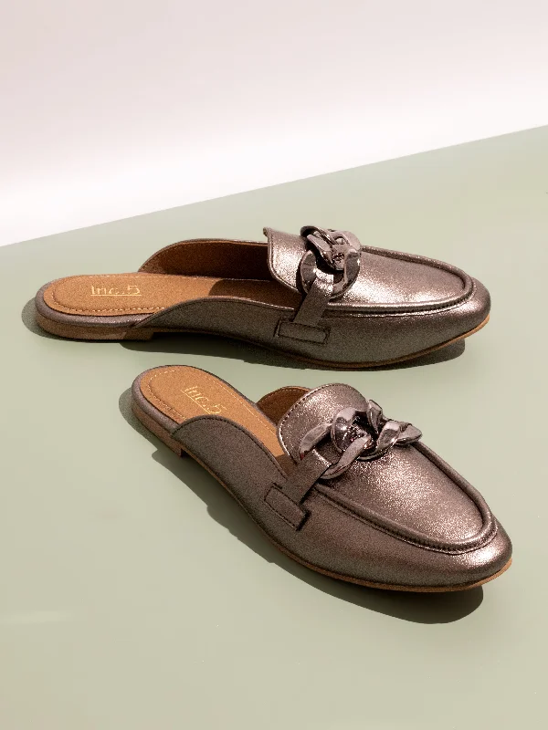 flats with gym access-Women Pewter Mules Flats With Buckles