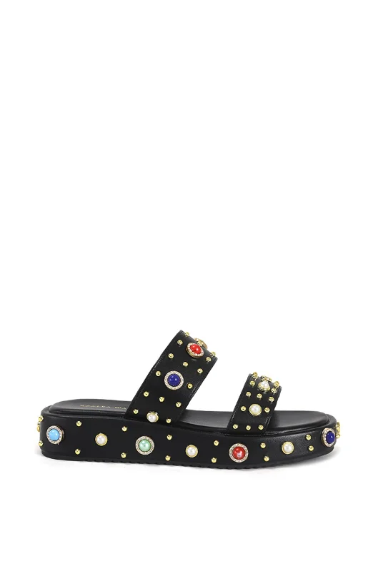 sandals with soft straps-RAJAH1-BLACK RHINESTONE FLATFORM SANDAL