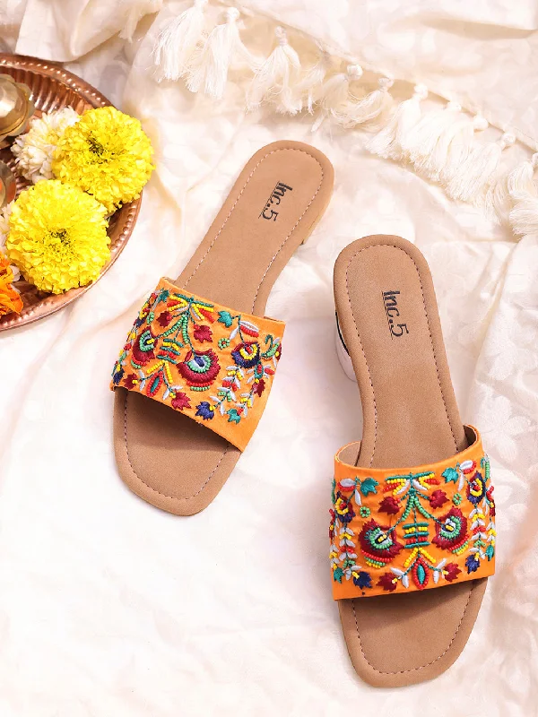 stylish flats for teens-Women Orange Embellished Open Toe Flats