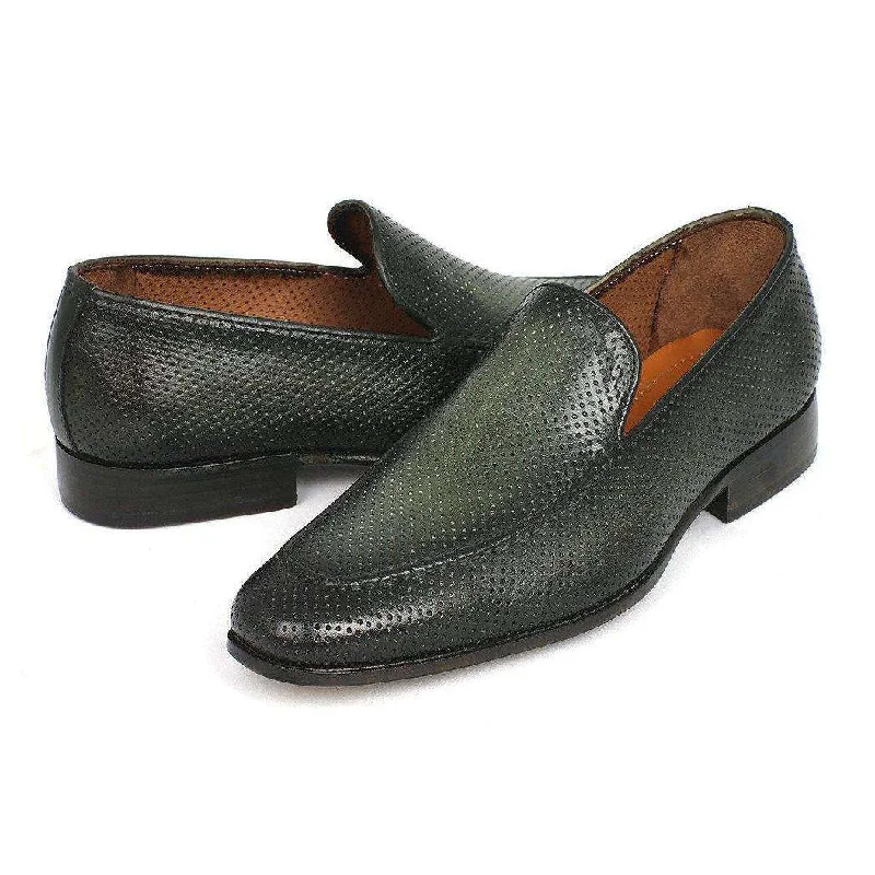 Loafers with pliable soles-Paul Parkman Handmade Designer Shoes Perforated Leather Green Loafers (PM5459)