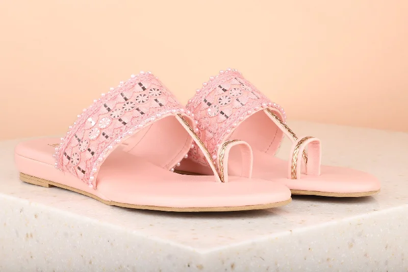 affordable flats for rent-Women Pink Ethnic One Toe Flats