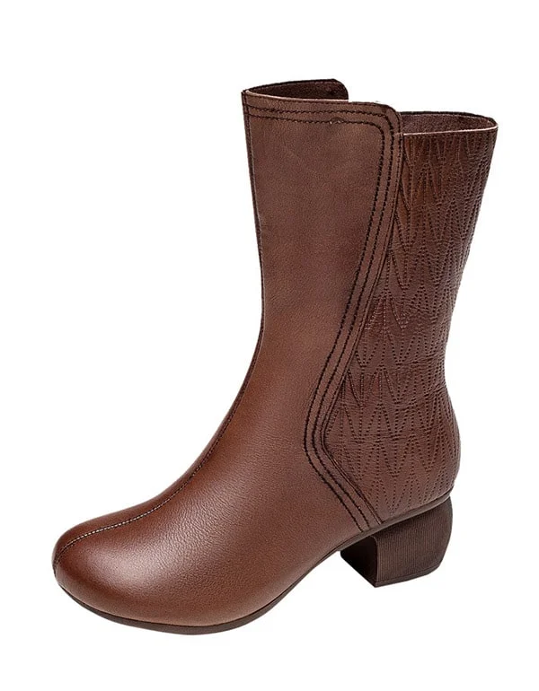 Boots with cushioned rush-Handmade Retro Chunky Heel Mid-calf Boots