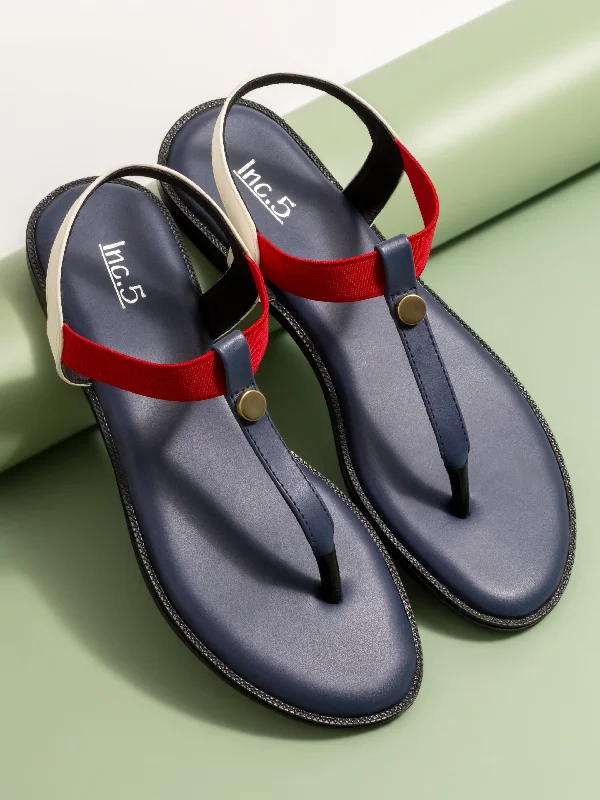 flats for eco-conscious-Women Navy And White Colourblocked T-Strap Flats