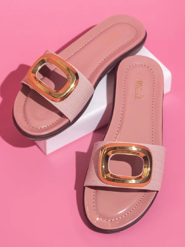 flats for short stays-Women Peach Perforated Open Toe Flats with Buckle Detail