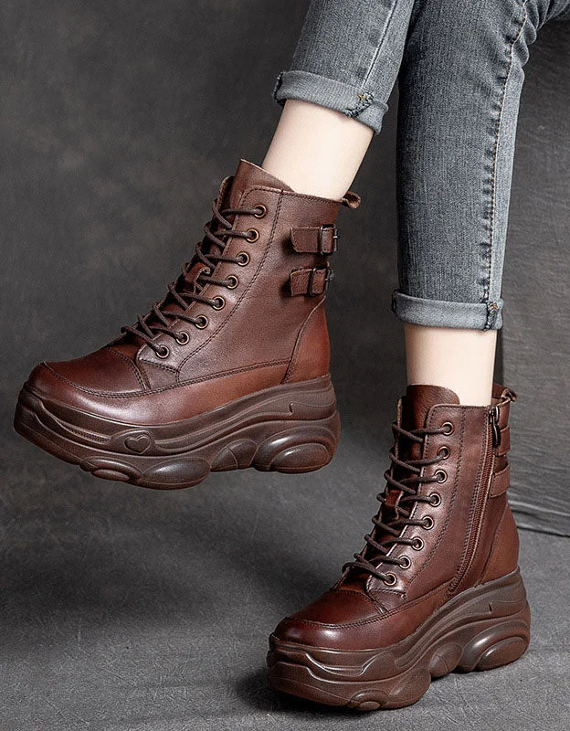 Boots for fall fashion-Double Buckles Lace up Retro Leather Platform Boots