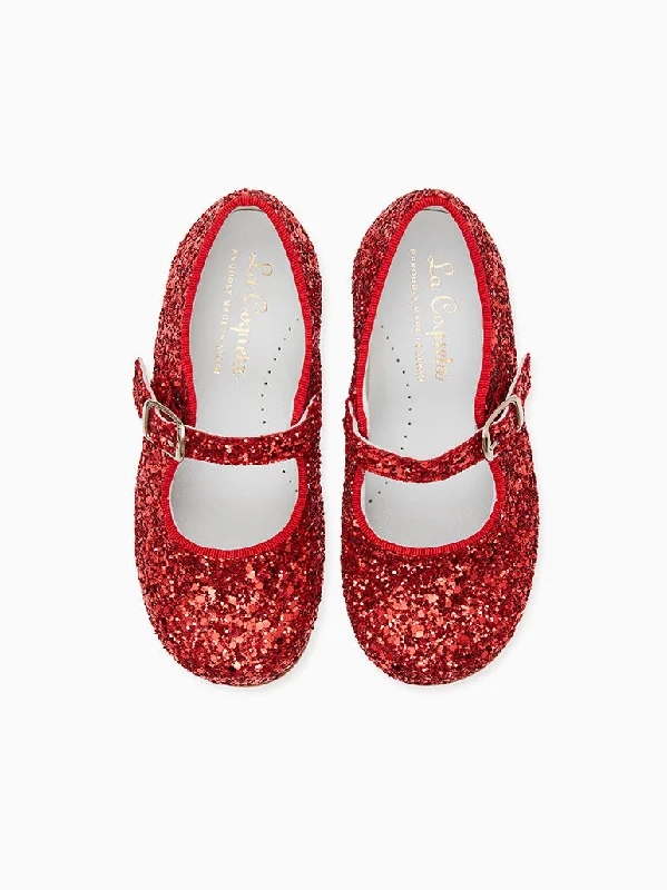 Mary Jane shoe with sleek buckleRed Glitter Girl Mary Jane Shoes