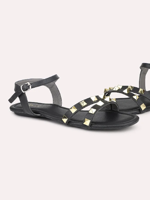 luxury flats near beach-Women Black And Gold-Toned Studded Open Toe Flats