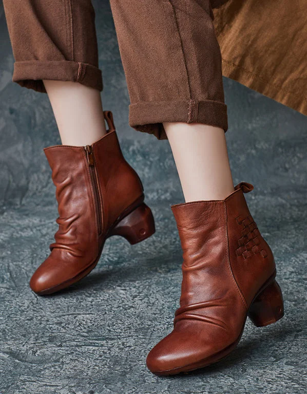 Boots for daily breeze-Handmade Braided Pleated Vintage Elegant Chunky Heels Boots