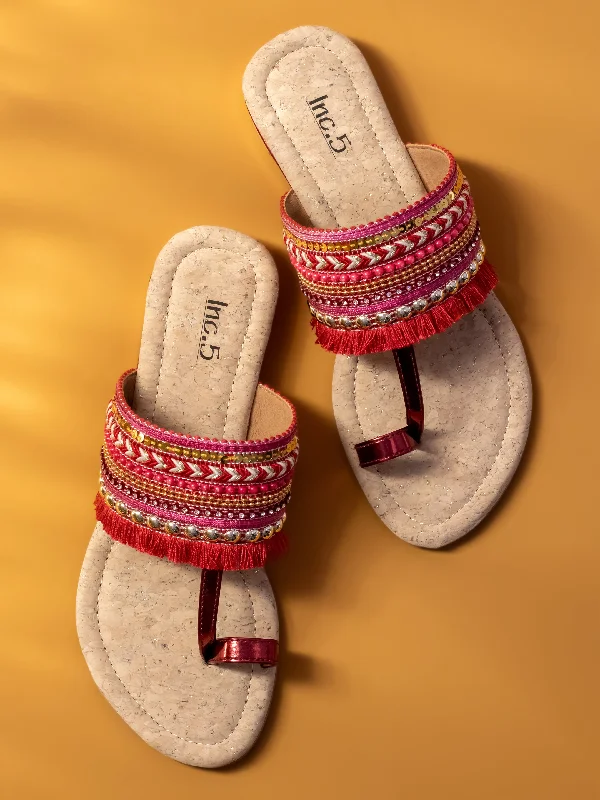 comfy flats for kids-Women Maroon Ethnic Embroidered One Toe Flats