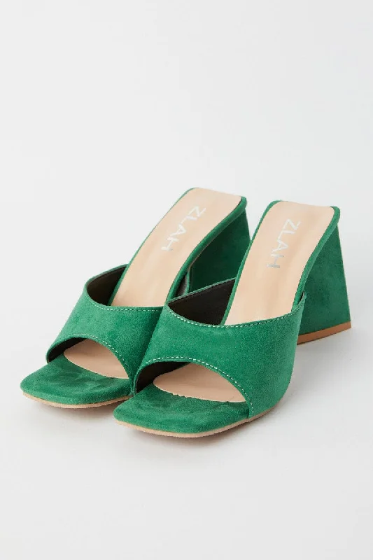 taupe leather high heels-Green Suede Square Toe High Heeled Mule Sandal