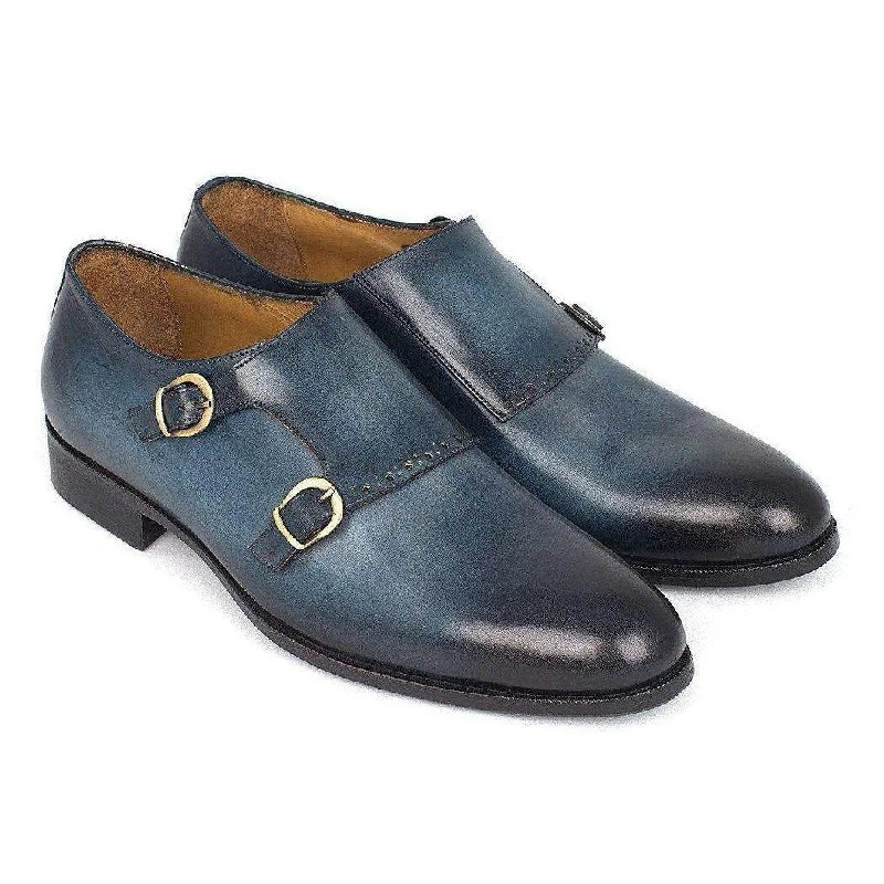 Loafers with striking designs-Paul Parkman Handmade Designer Shoes Navy Double Monkstrap Loafers (PM5410)