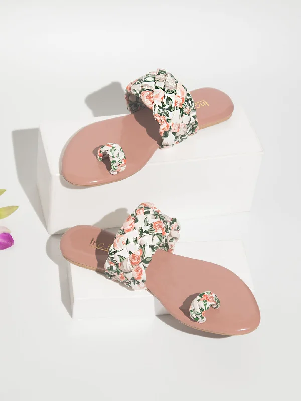 flats for budget living-Women Peach Printed One Toe Flats