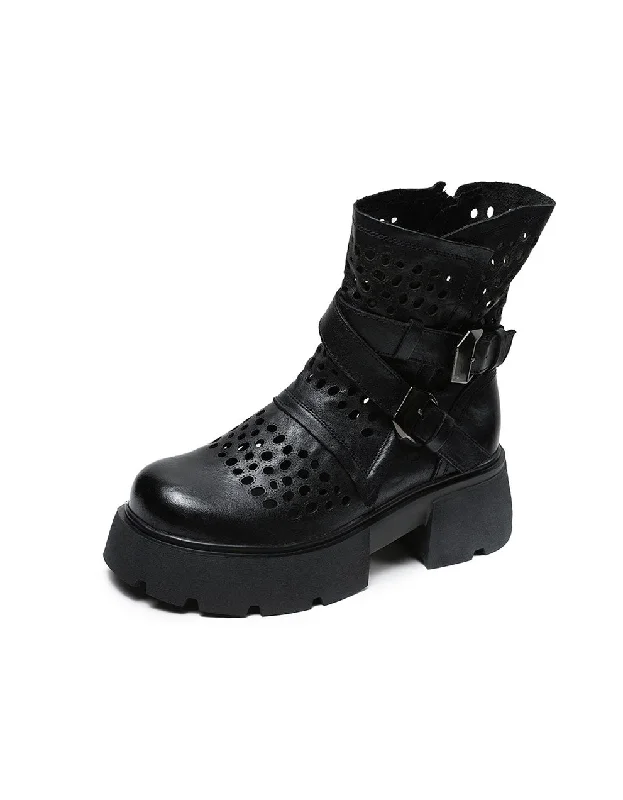 Boots with tough rush-Round Toe Leather Buckles Beathable Hollow Platform Boots