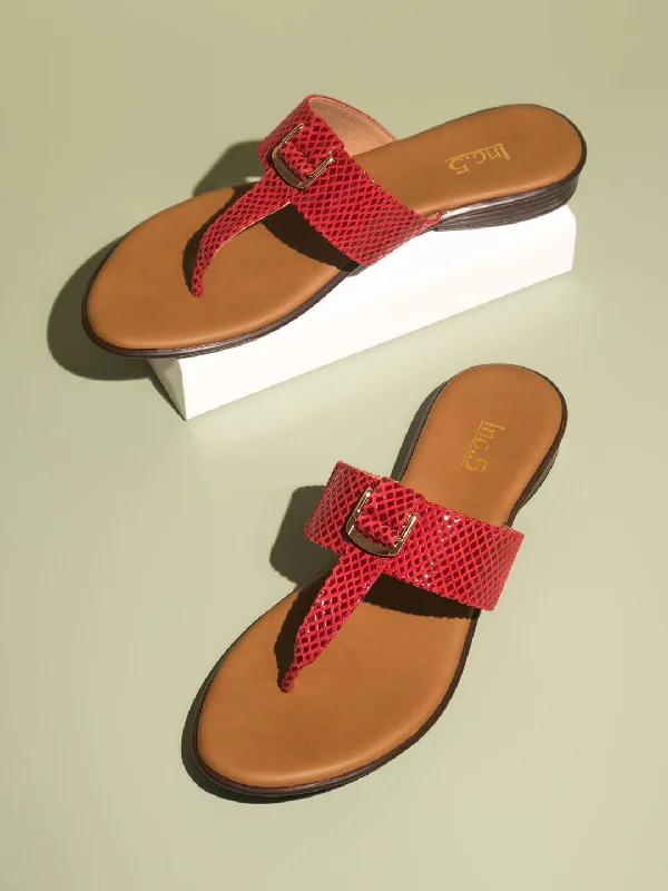 flats for young professionals-Women Red Open Toe Embellished T-Strap Flats