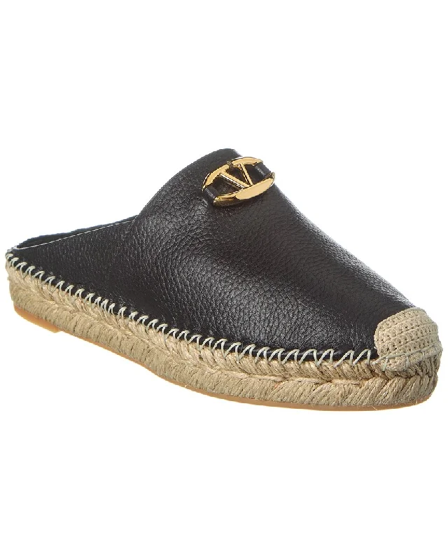 panda kids’ slippers-Valentino VLogo Grainy Leather Mule Espadrille