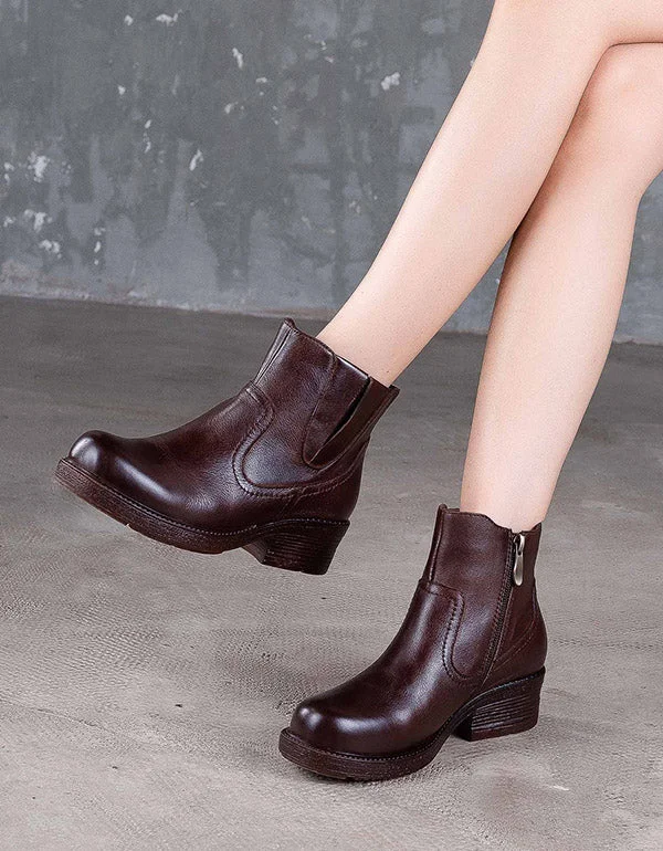 Boots for winter breeze-Handmade Retro Leather Chunky Heel Boots